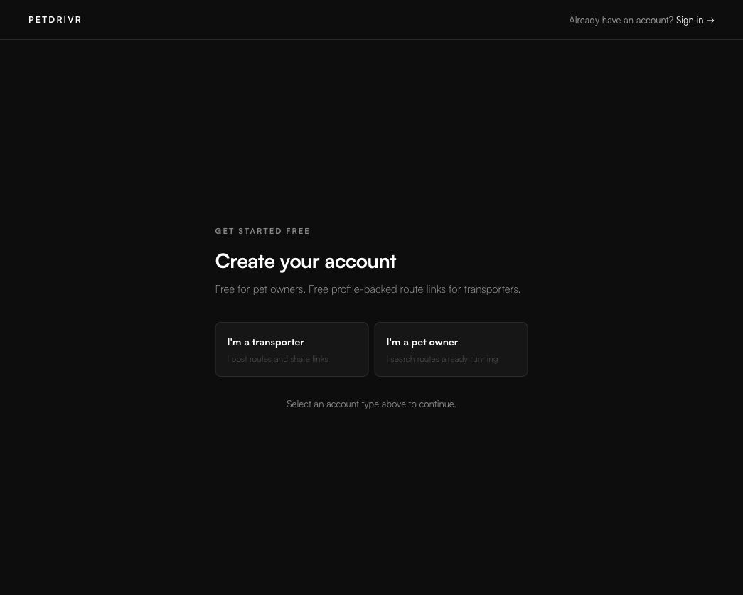 PetDrivr account creation page