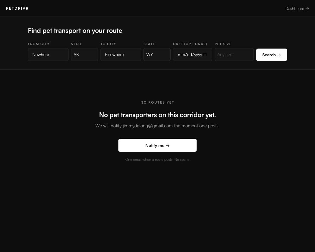 PetDrivr search results and route alerts