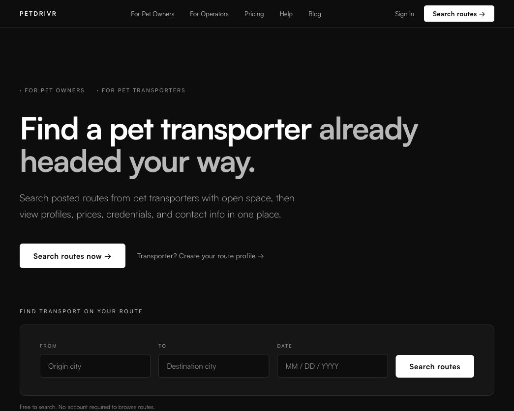 PetDrivr route search form