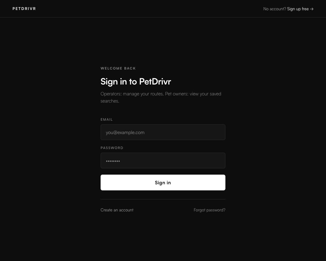 PetDrivr sign in page