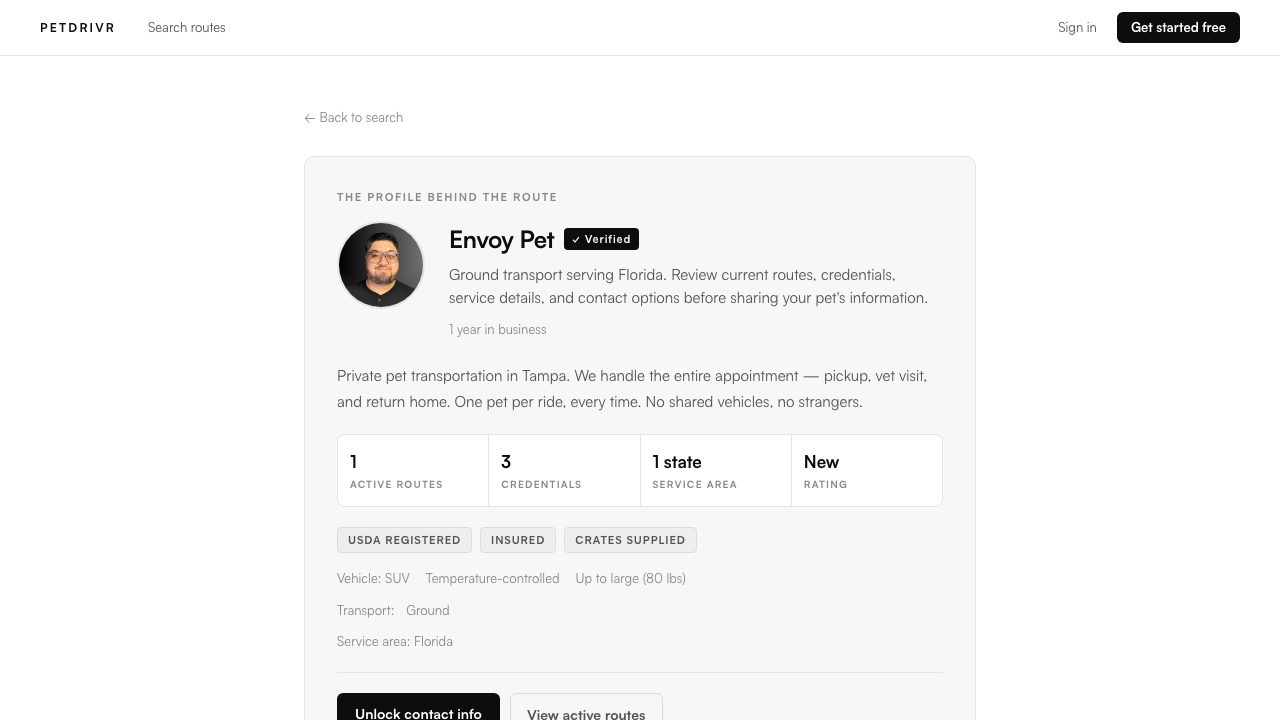 PetDrivr public profile — what your clients see