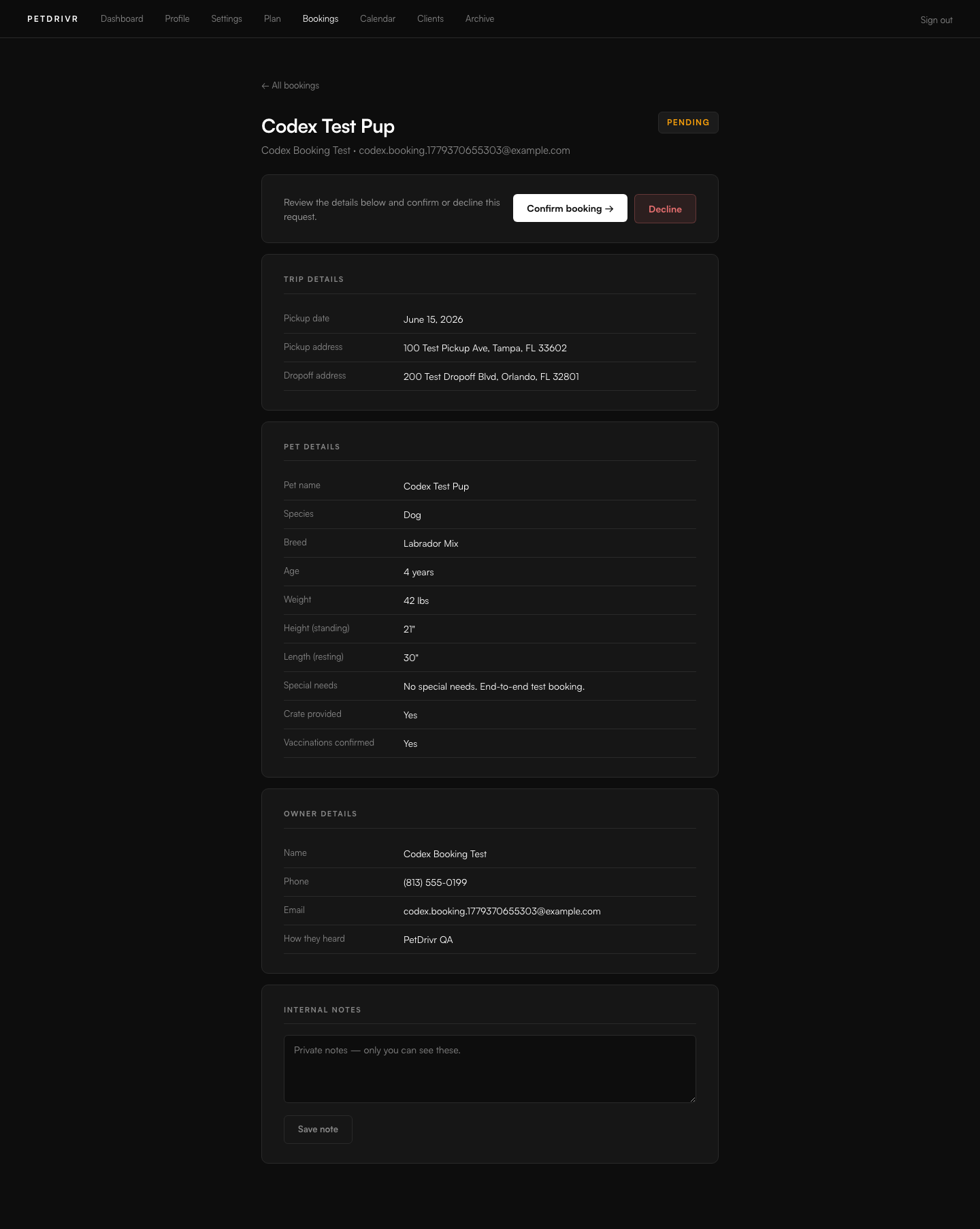 Booking detail page showing Mark in transit and Mark complete actions